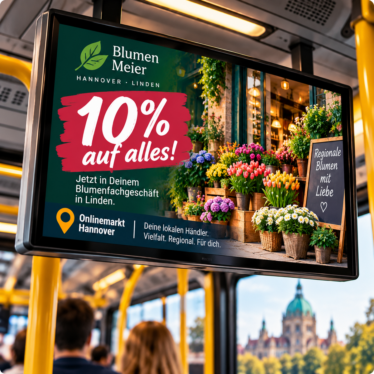Beispiel einer digitalen Außenwerbung für Innenstadtaktionen mit Onlinemarkt und Unterstützerhinweis
